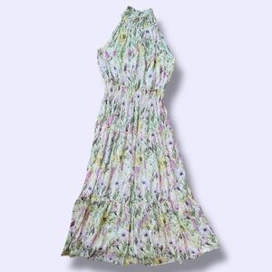 Taylor Romantic Floral Chiffon Halter Neck Tiered Maxi Dress Green/Purple Size 6